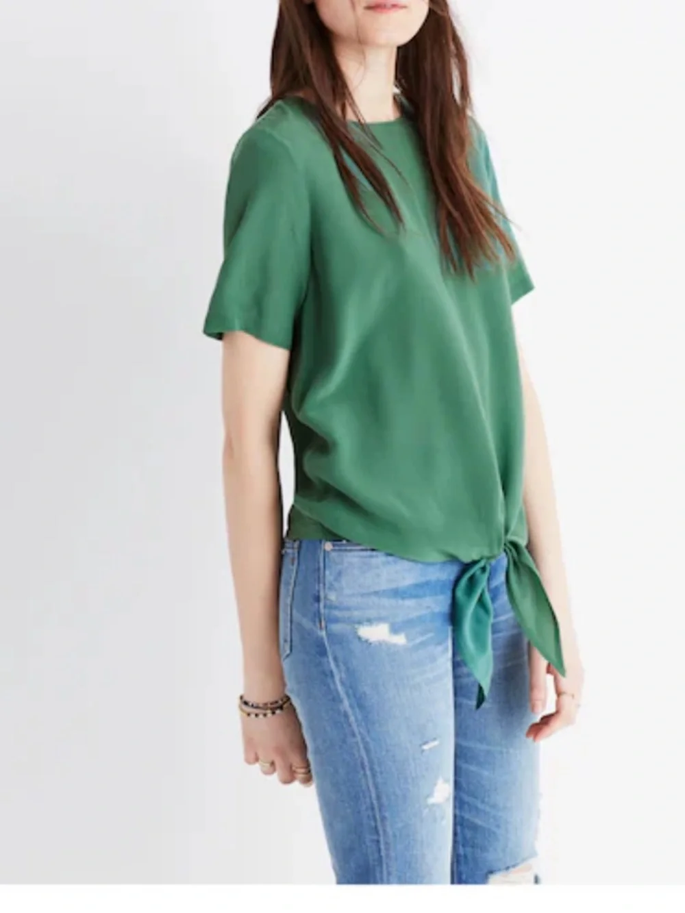 Madewell Emerald Green silk Short Sleeve Tie-Front Blouse - Picture 5 of 5